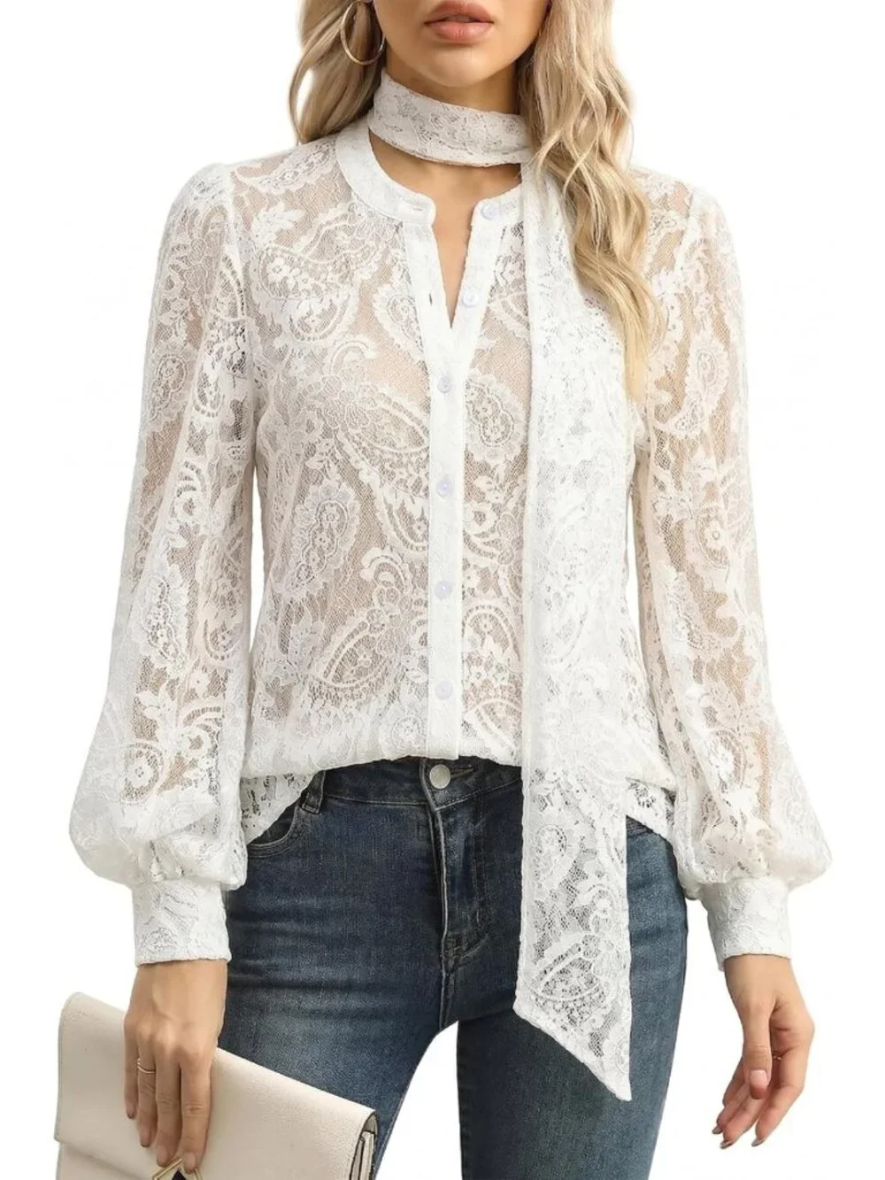 Chic Women's Lace Button Down Blouse with Removable Tie - Elegant Top for Any